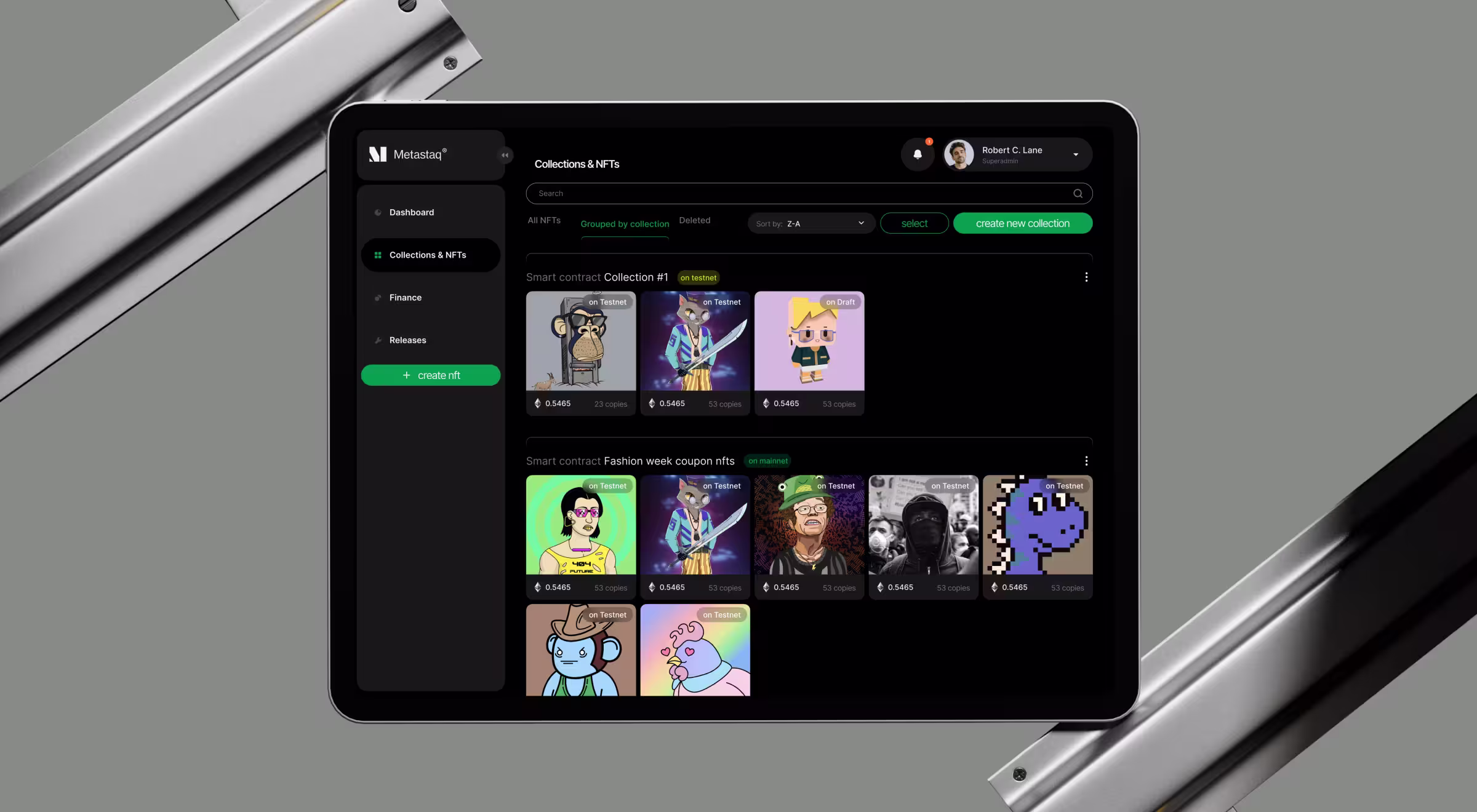 Tablet screen displaying a dark-mode NFT dashboard interface from Metastaq, showing smart contract collections with illustrated NFTs and pricing — representing modern Web3 product design and digital asset management UI
