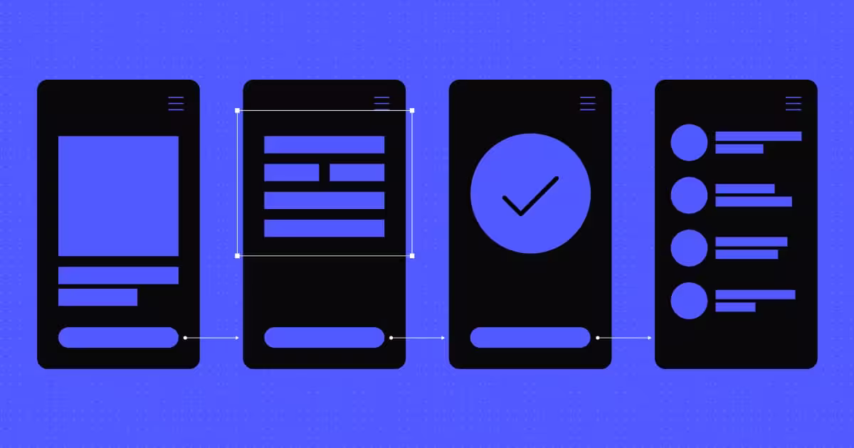 Abstract illustration of four mobile app wireframes on a blue grid background, connected by arrows to represent UX flow — showing stages of interface design from layout to confirmation screen in modern product design