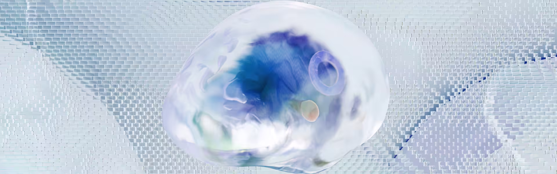 A translucent, abstract 3D shape with blue and purple hues floats against a grid-like, metallic background.