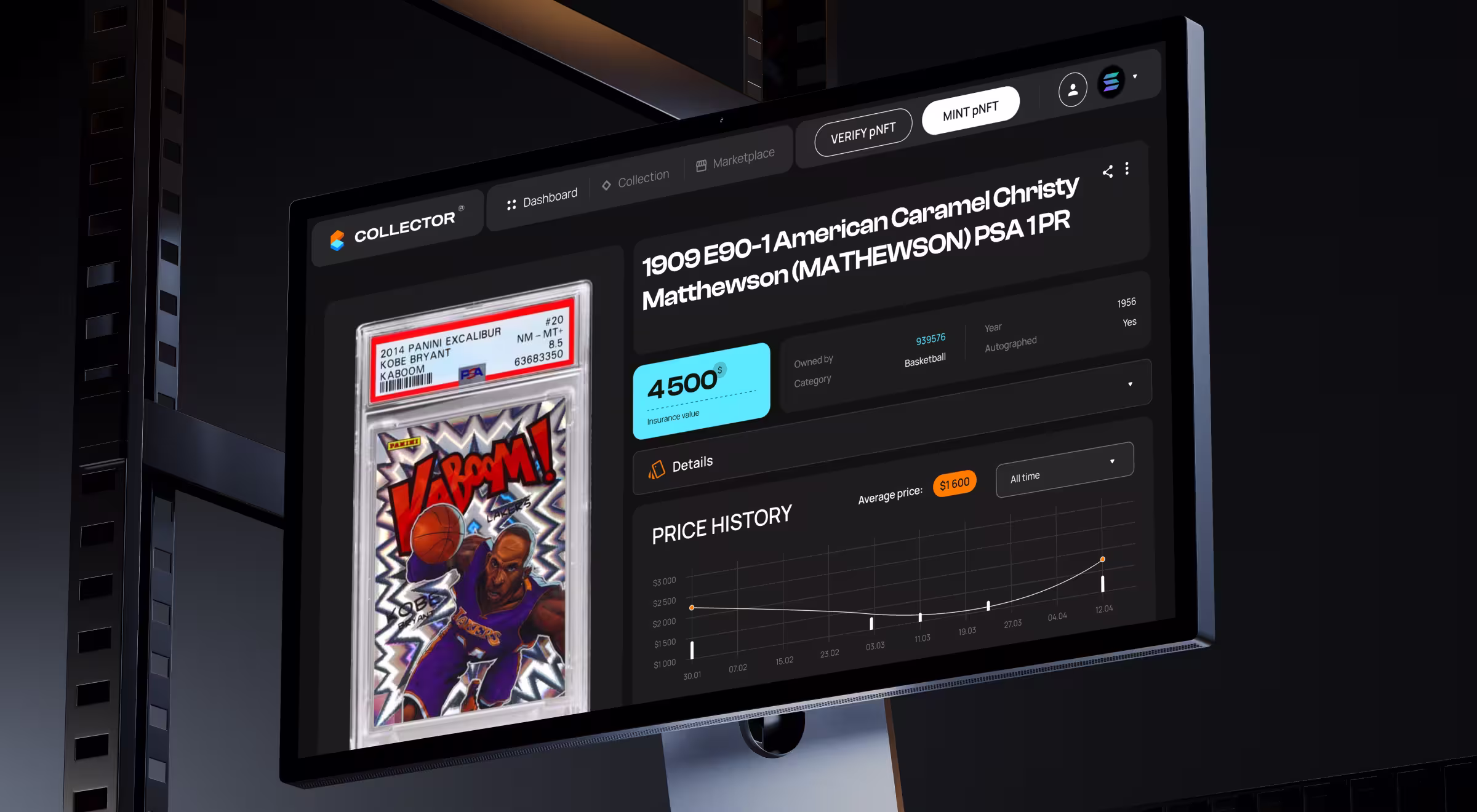 A computer screen displays a digital trading card platform interface. The primary card shows a dynamic basketball player with "VROOM!" text. The screen includes card details and a price history graph, conveying a modern, vibrant feel.