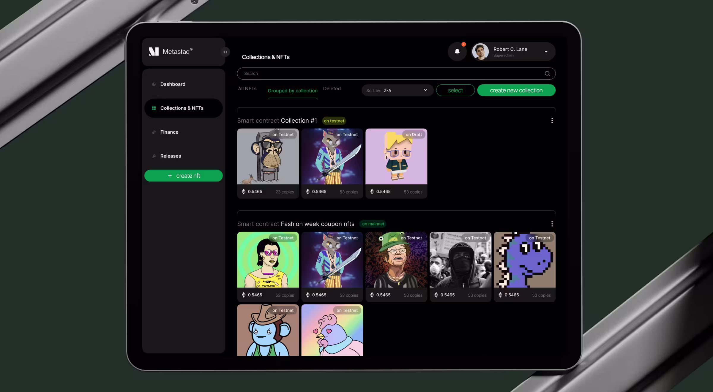 A tablet screen displays a dark-themed NFT collection interface with various cartoon-style NFTs, each with prices and titles. A navigation menu is visible on the left.