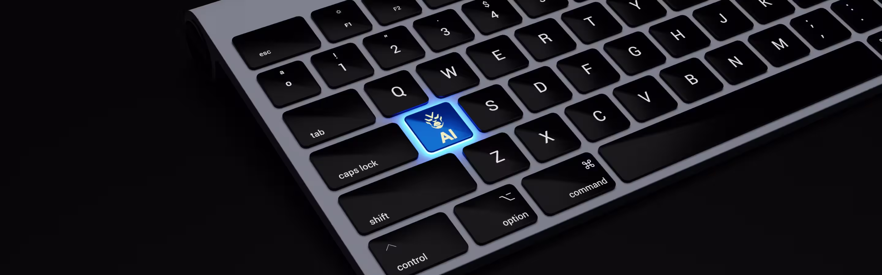 A close-up of a computer keyboard featuring a prominent blue button among the standard keys.