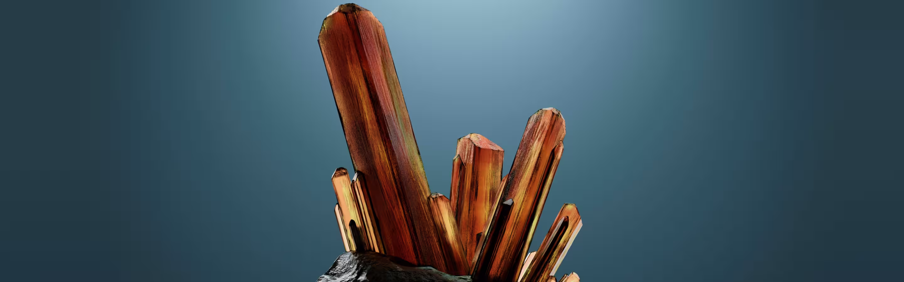 Cluster of elongated, orange-brown mineral crystals protruding vertically from a rocky base against a gradient blue background.