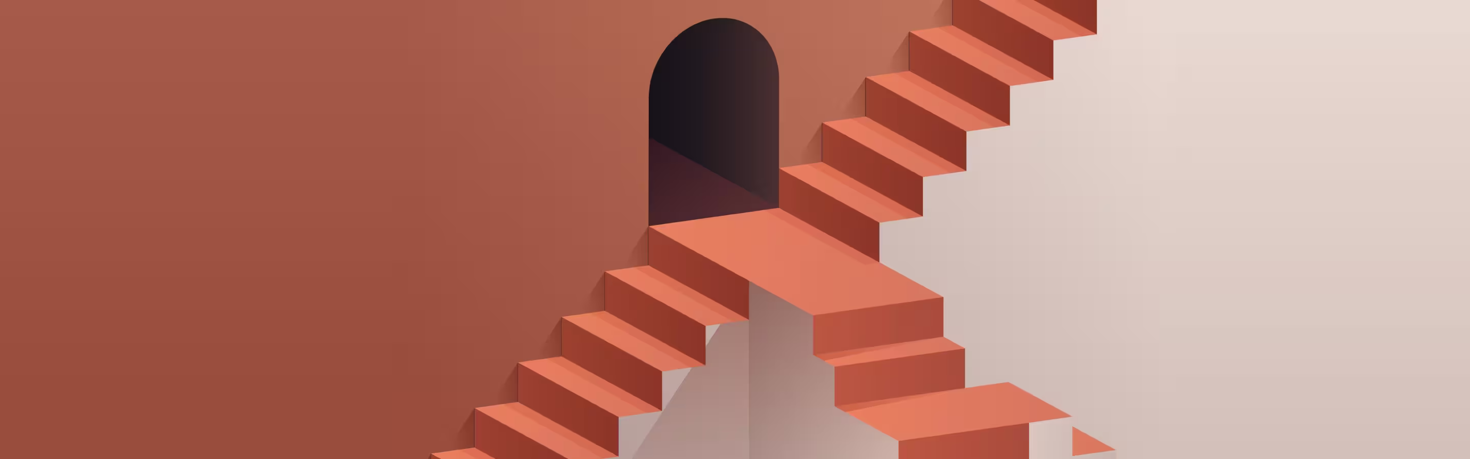 A stylized illustration of ascending orange stairs leading to a dark arched doorway on a gradient background.