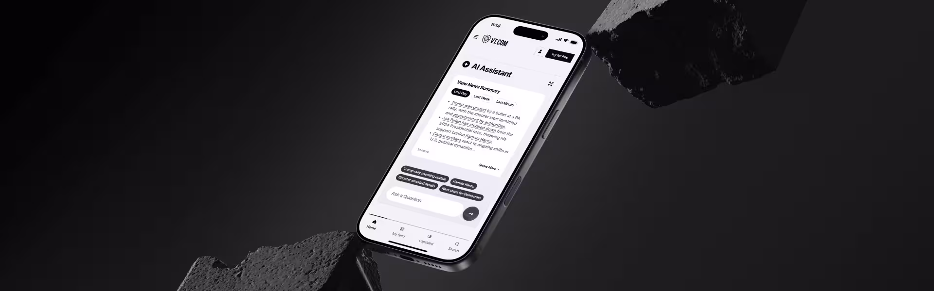 Mobile UI mockup of an AI Assistant news summary screen on a modern smartphone, placed in a dramatic black background with abstract stone textures