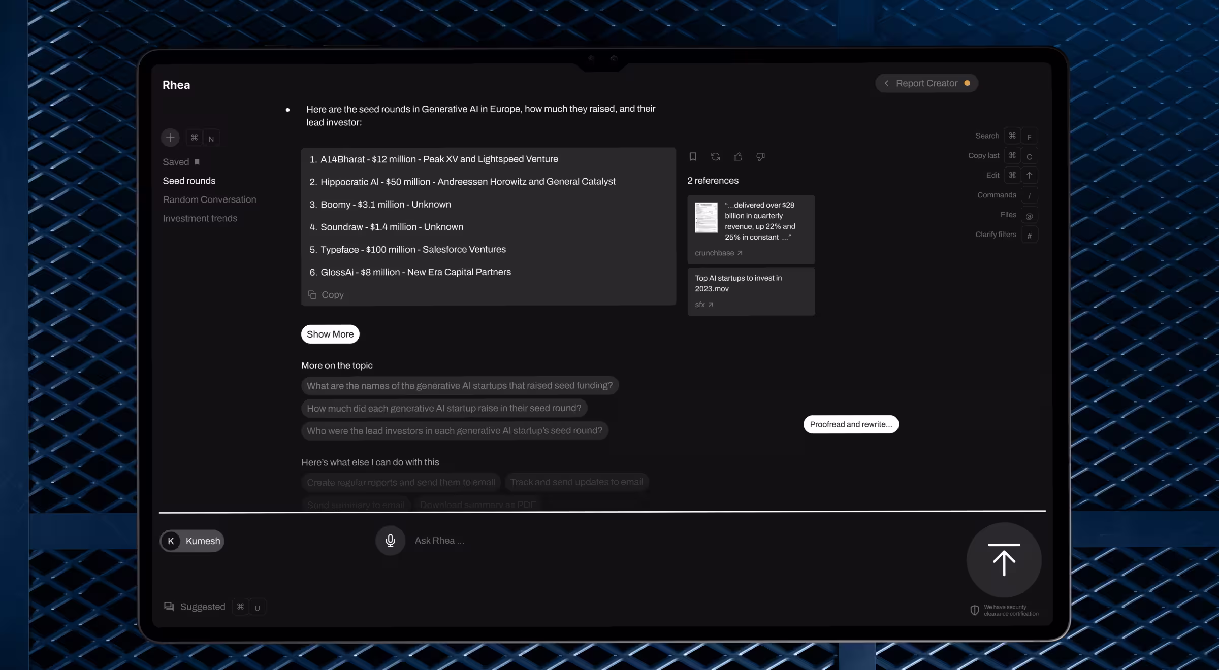 Tablet interface displaying an AI assistant summarizing seed funding rounds for generative AI startups, shown against a blue metallic grid background