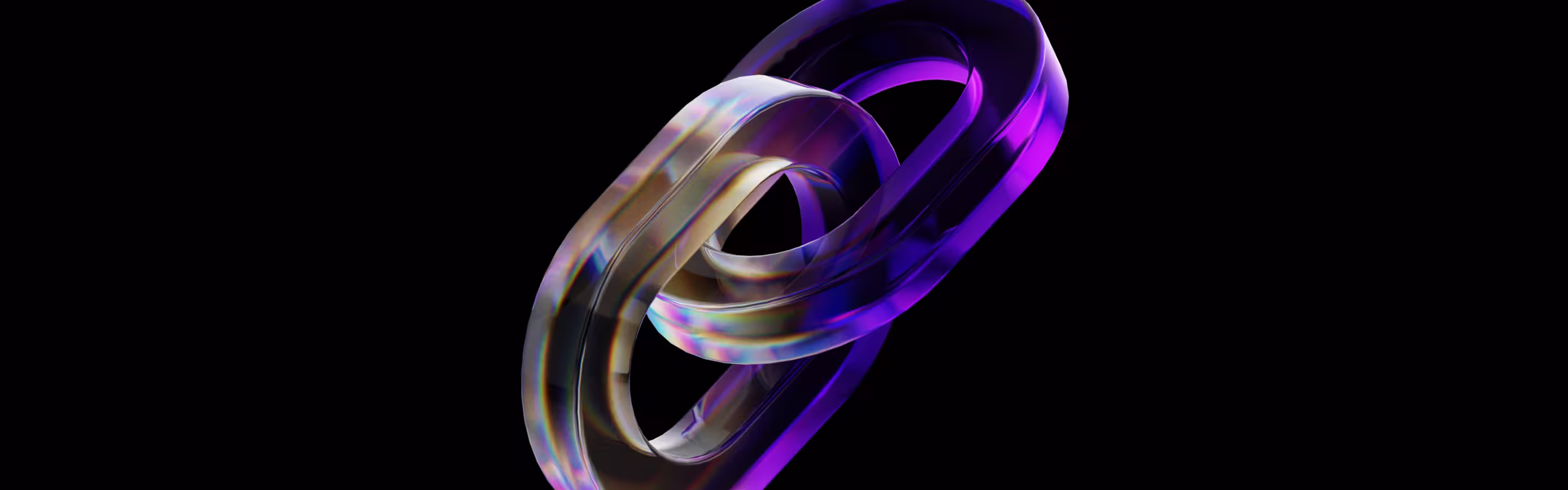 A translucent, intertwined chain link in vivid purple and iridescent hues, set against a black background, symbolizing connection.