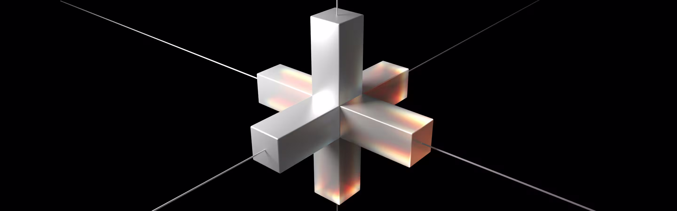 A 3D metallic cross structure illuminated with subtle colors, suspended in a dark space, showcasing sleek geometric forms and reflections.
