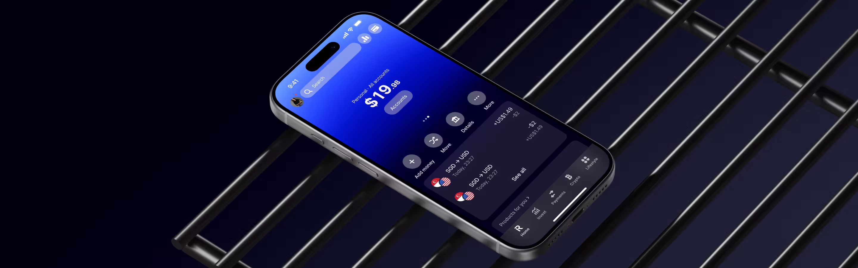 A smartphone displaying a financial app interface, showing a balance of $19.98 and recent transaction details against a dark background.