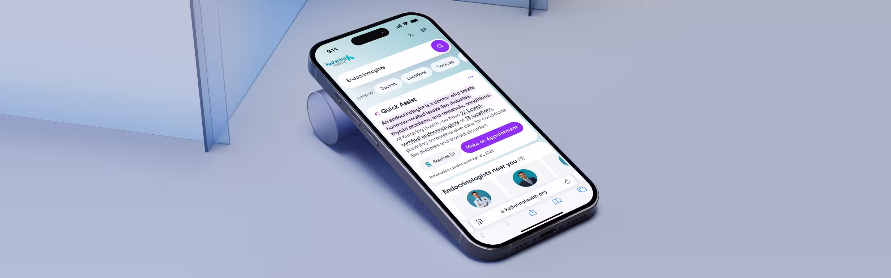 A close-up of a smartphone displaying Kettering Health's website, featuring information on endocrinologists and appointment options.