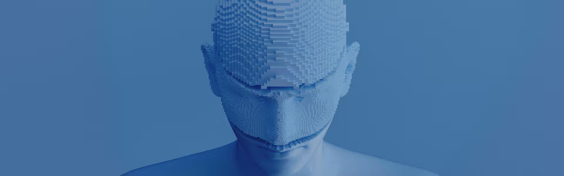 Blue 3D-rendered humanoid figure with a pixelated, block-like head and facial structure, looking downward against a monochromatic blue background