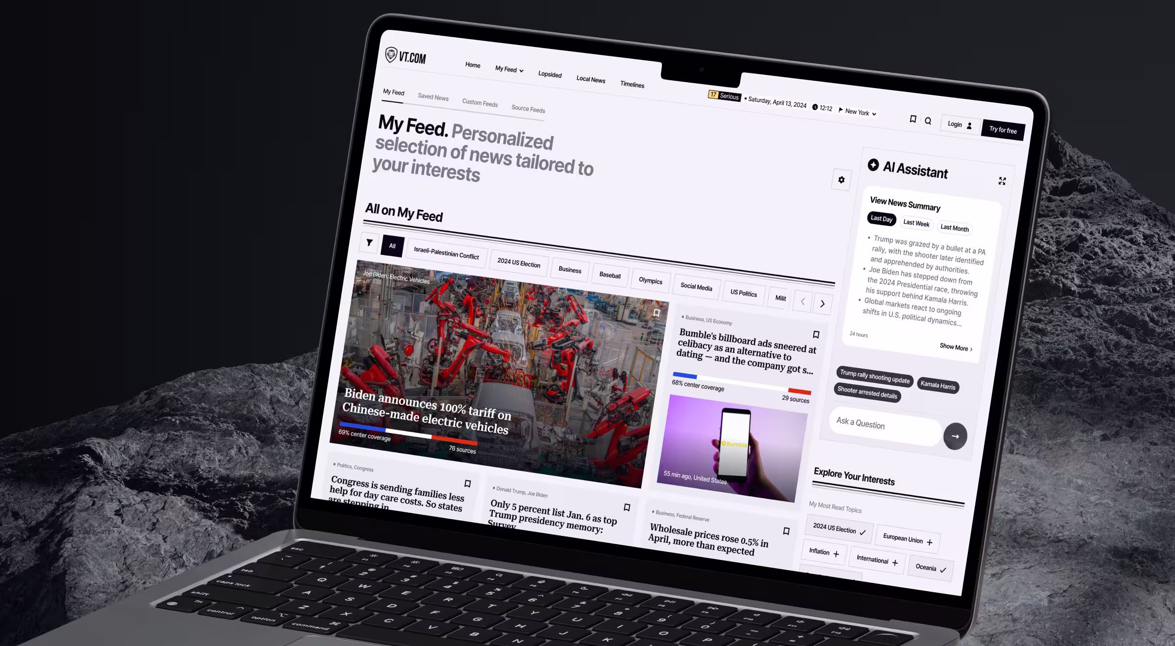 Laptop displaying a personalized news feed interface with an AI Assistant panel on the right, set against a dark rocky background