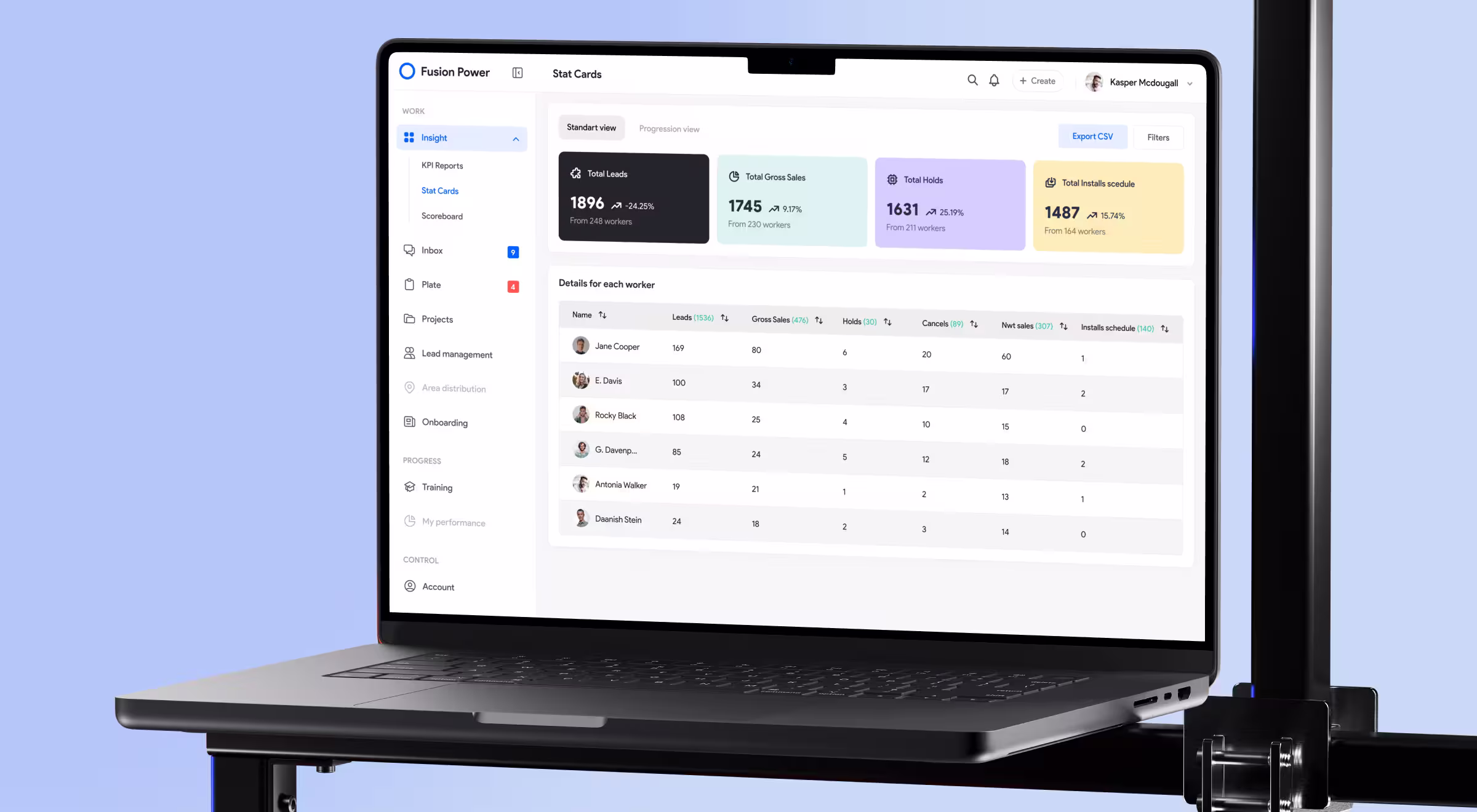 Laptop displaying a workforce analytics dashboard with stat cards and a detailed performance table, set against a light blue studio background
