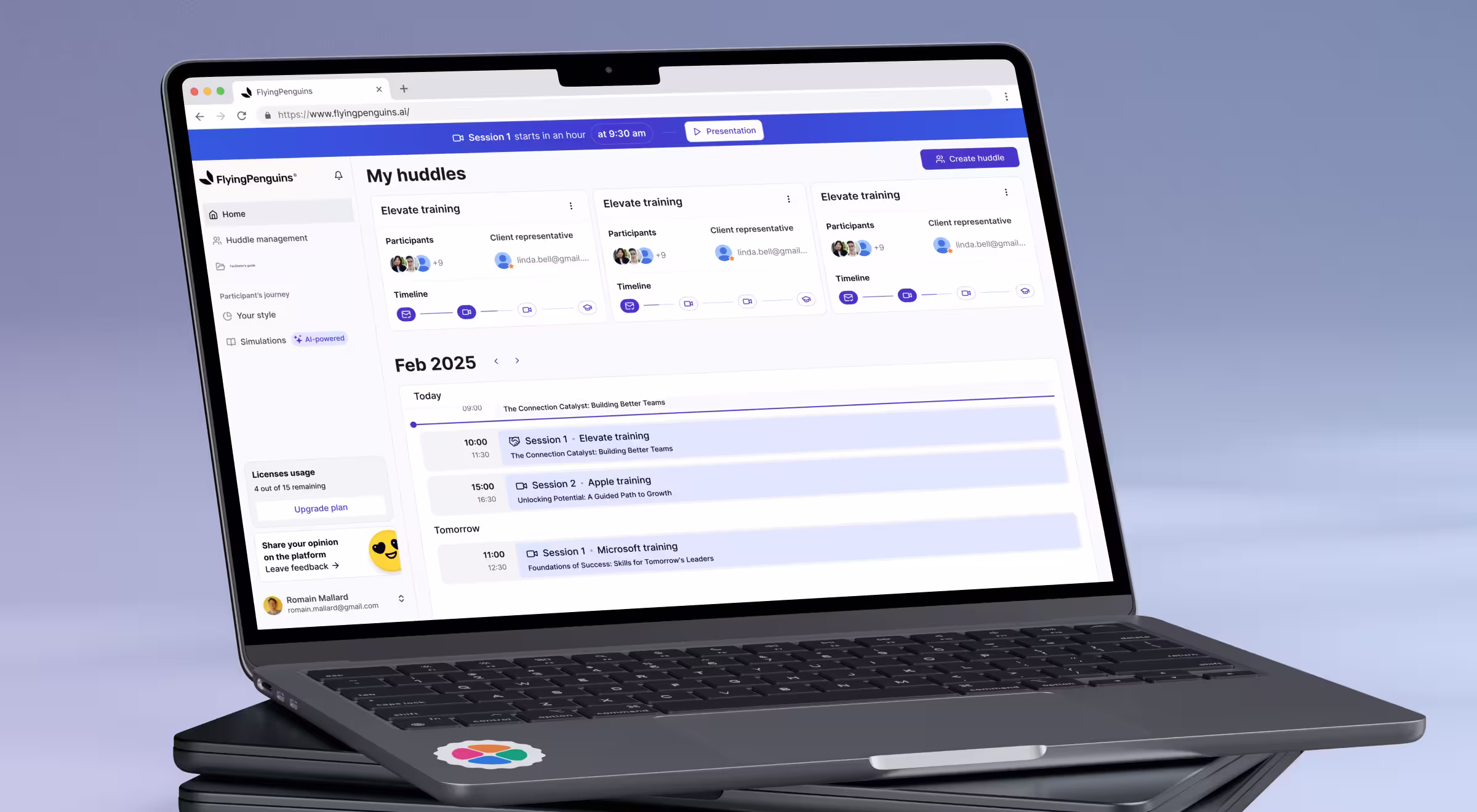 Laptop displaying the FlyingPenguins training management dashboard with upcoming sessions, participant timelines, and scheduling tools, set against a soft gradient background