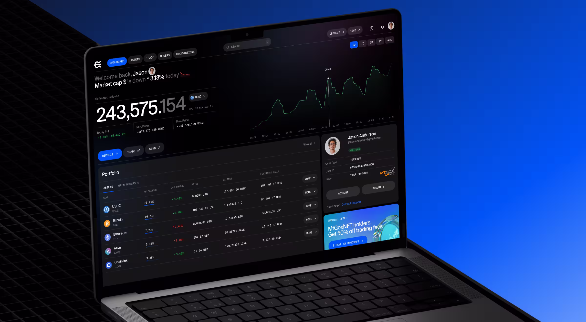 Laptop displaying a dark-themed crypto trading dashboard with balance, market charts, user profile, and portfolio details, set against a blue gradient background
