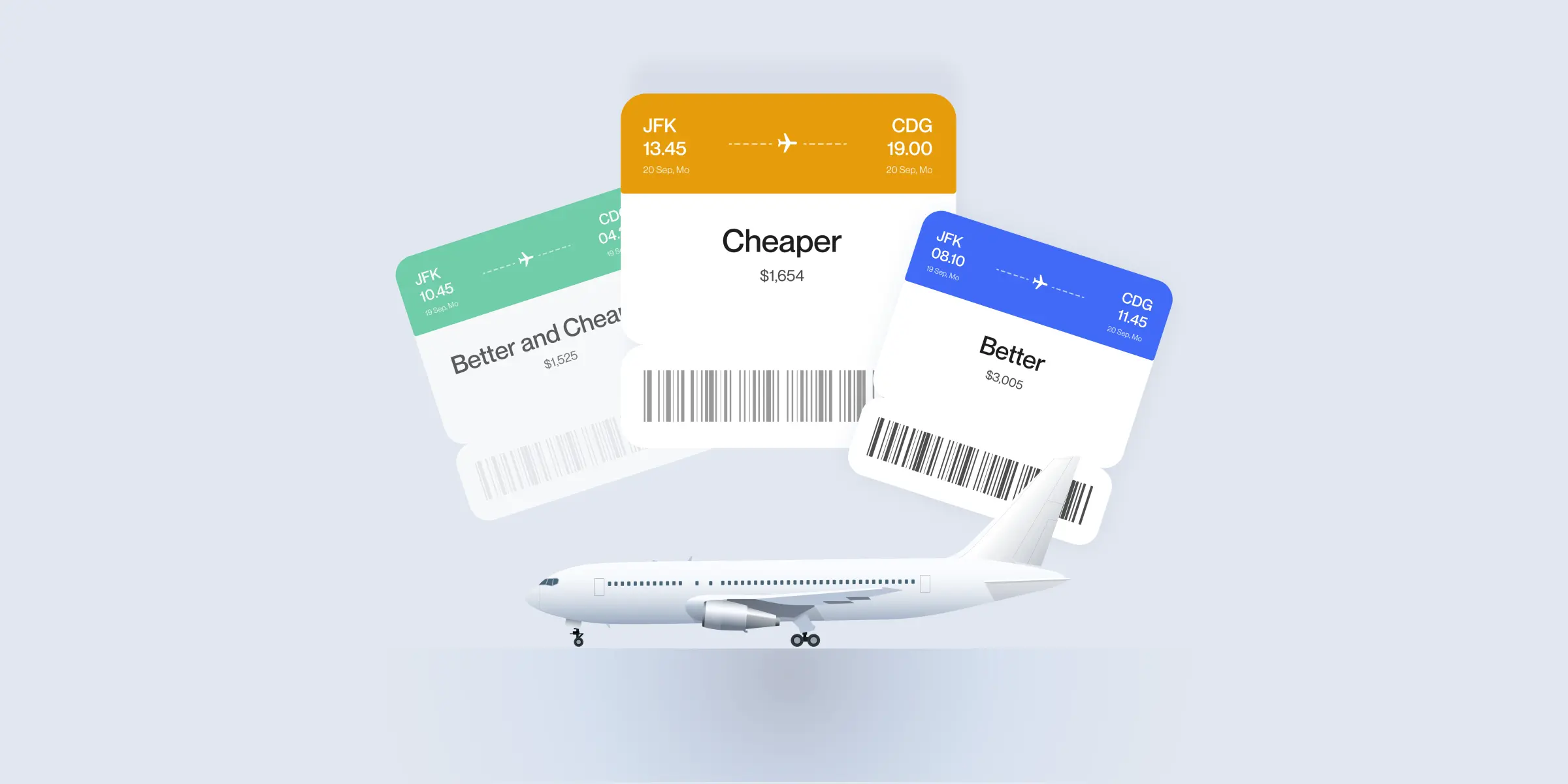 An airplane on the runway with various flight tickets showing prices and options labeled "Better," "Cheaper," and "Better and Cheaper."