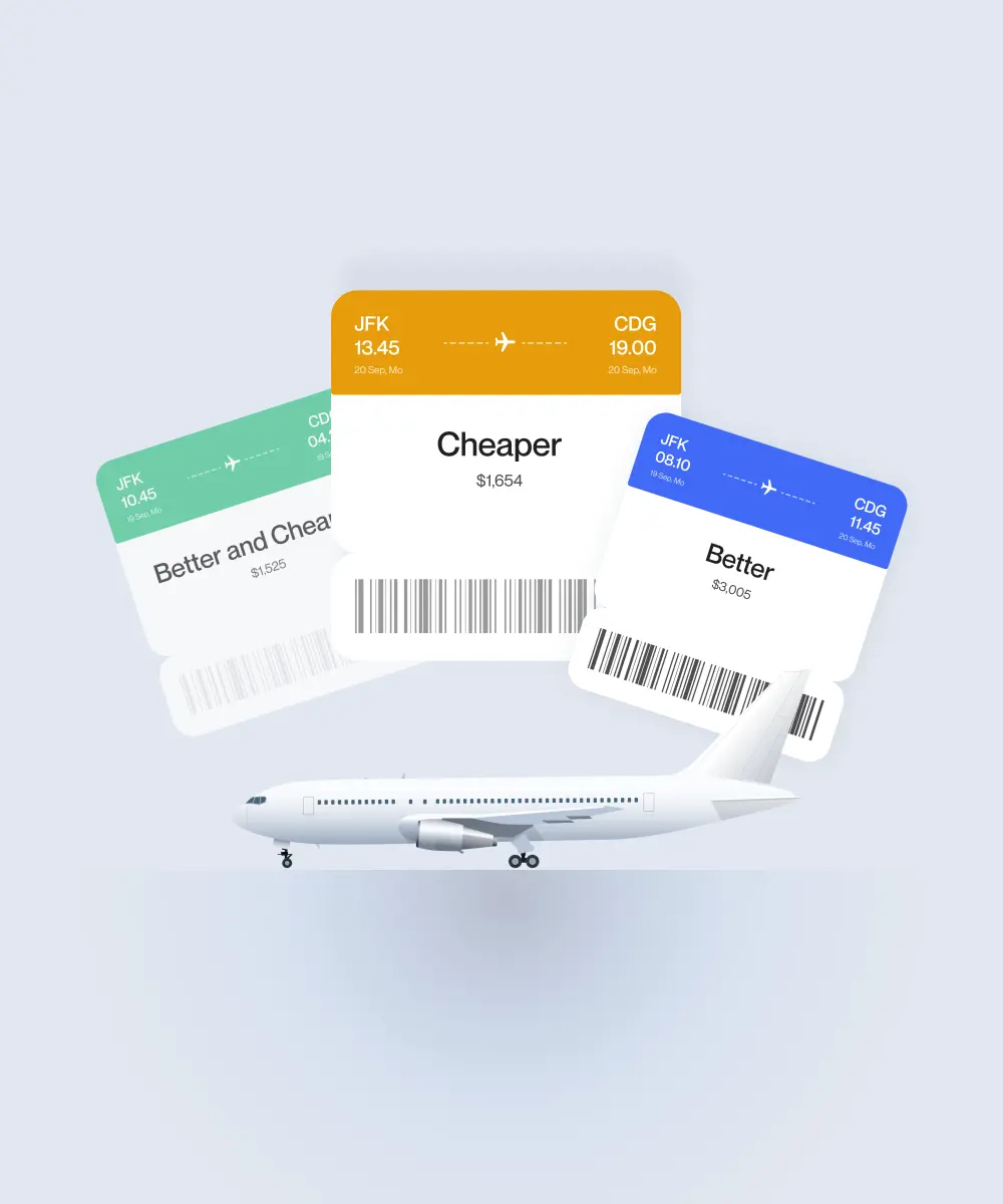 An airplane on the runway with various flight tickets showing prices and options labeled "Better," "Cheaper," and "Better and Cheaper."