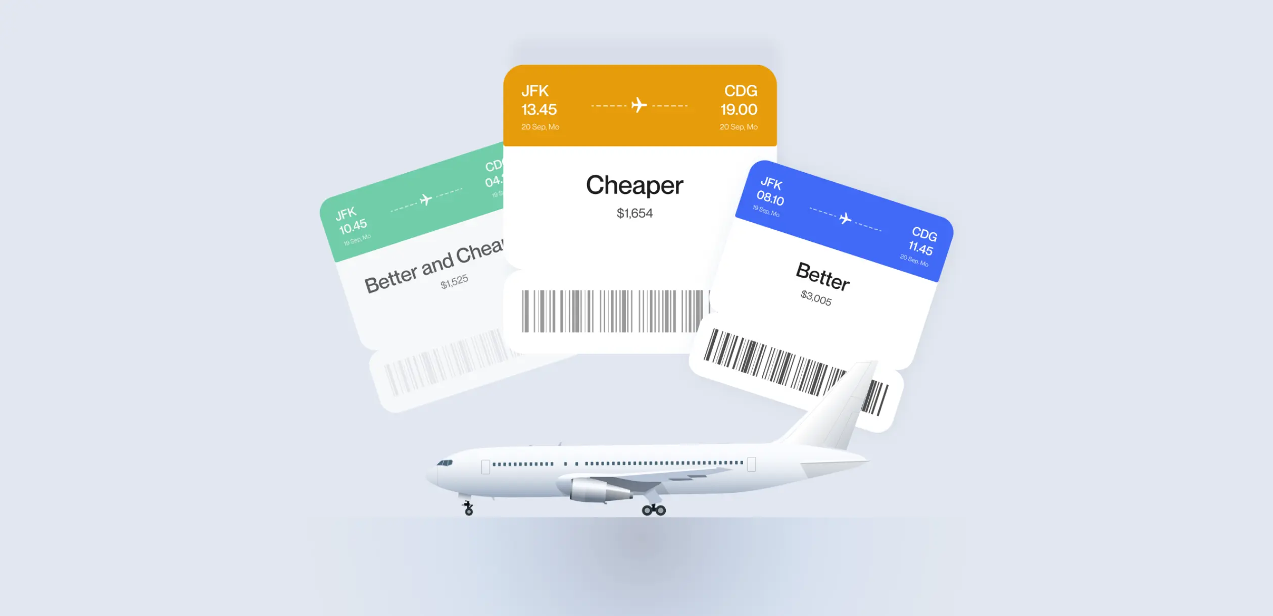 An airplane on the runway with various flight tickets showing prices and options labeled "Better," "Cheaper," and "Better and Cheaper."