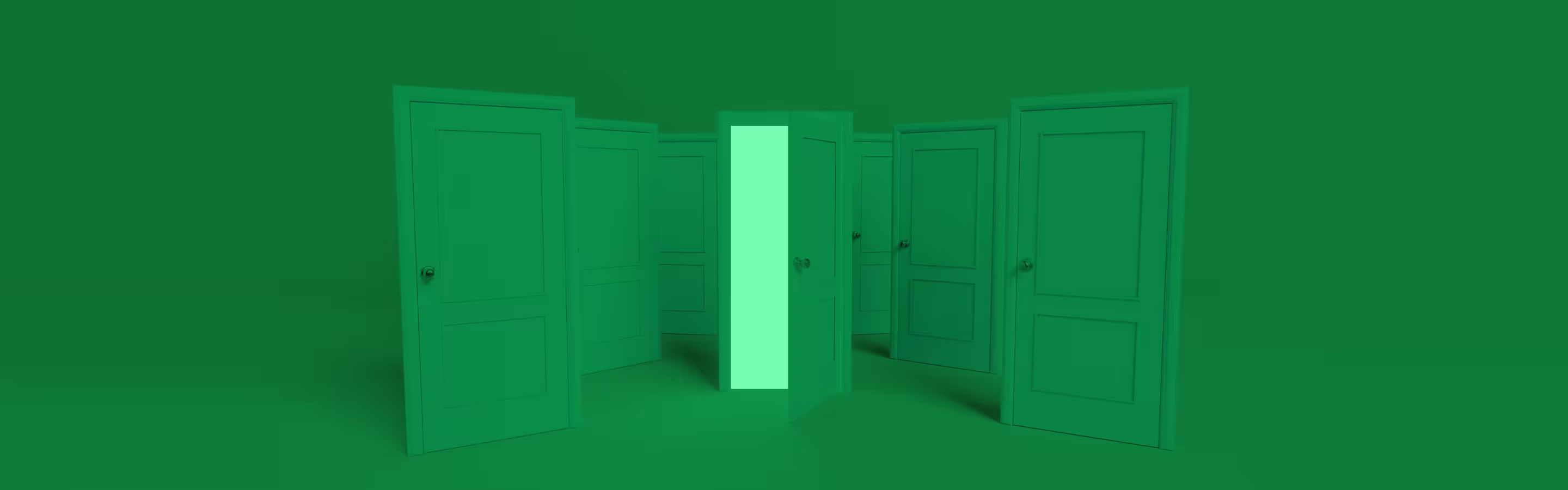 A glowing green door stands open among several closed green doors, set against a matching solid green background.