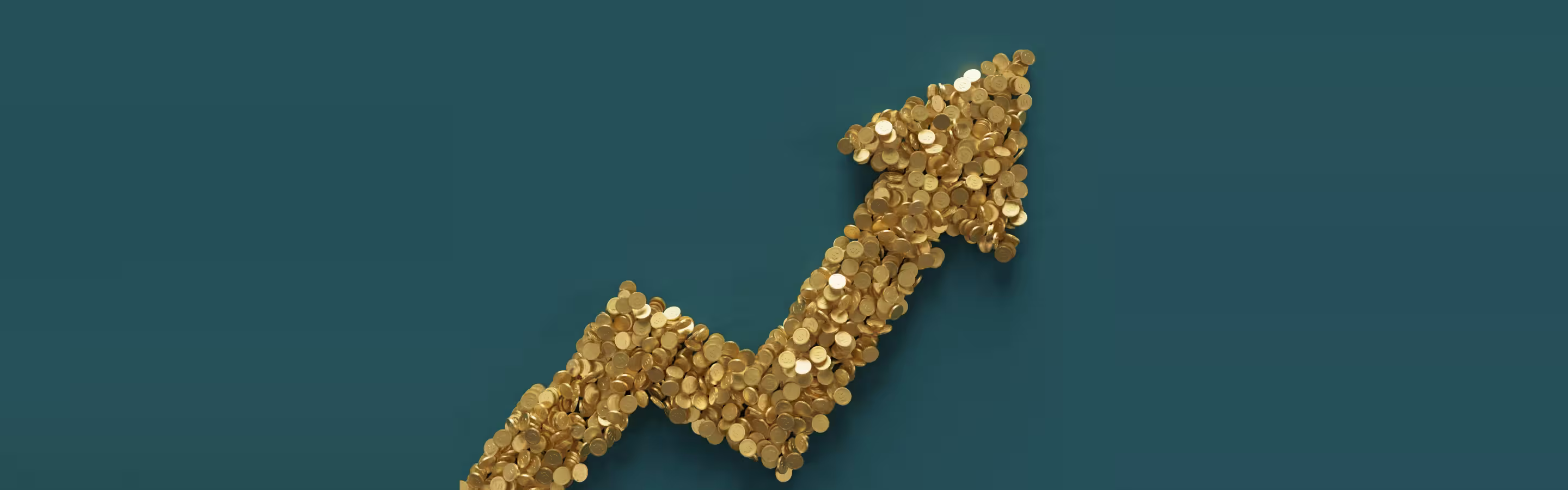 An upward-pointing arrow made of gold coins, symbolizing financial growth and prosperity, set against a teal background.