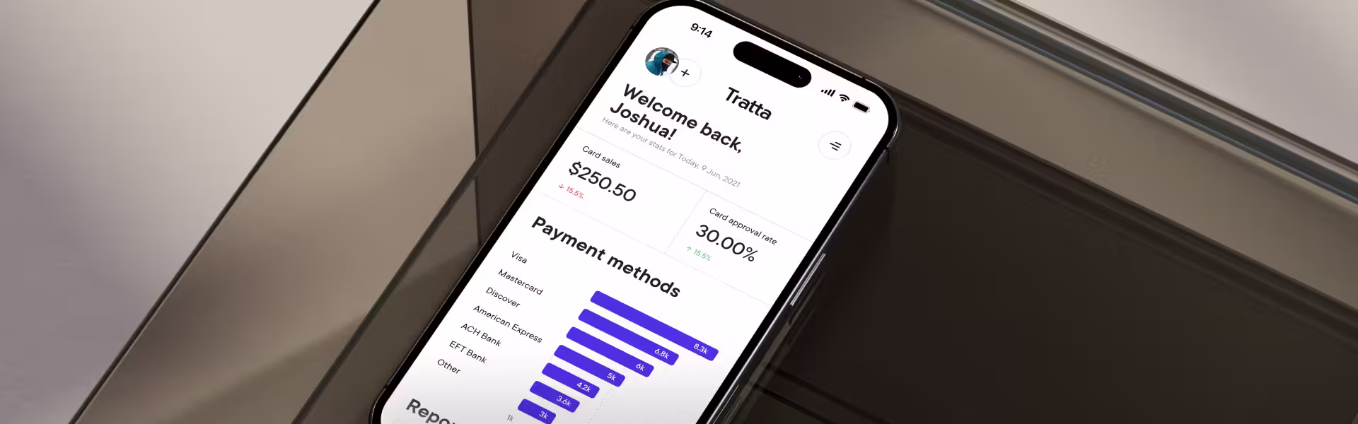 Mobile dashboard UI for Tratta payment analytics showing daily card sales, approval rates, and payment method statistics on a modern smartphone