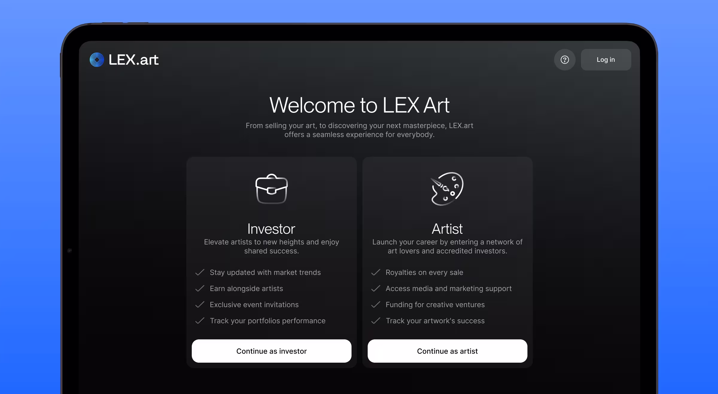 Tablet screen showing LEX Art onboarding UI with investor and artist role selection cards on a dark gradient background