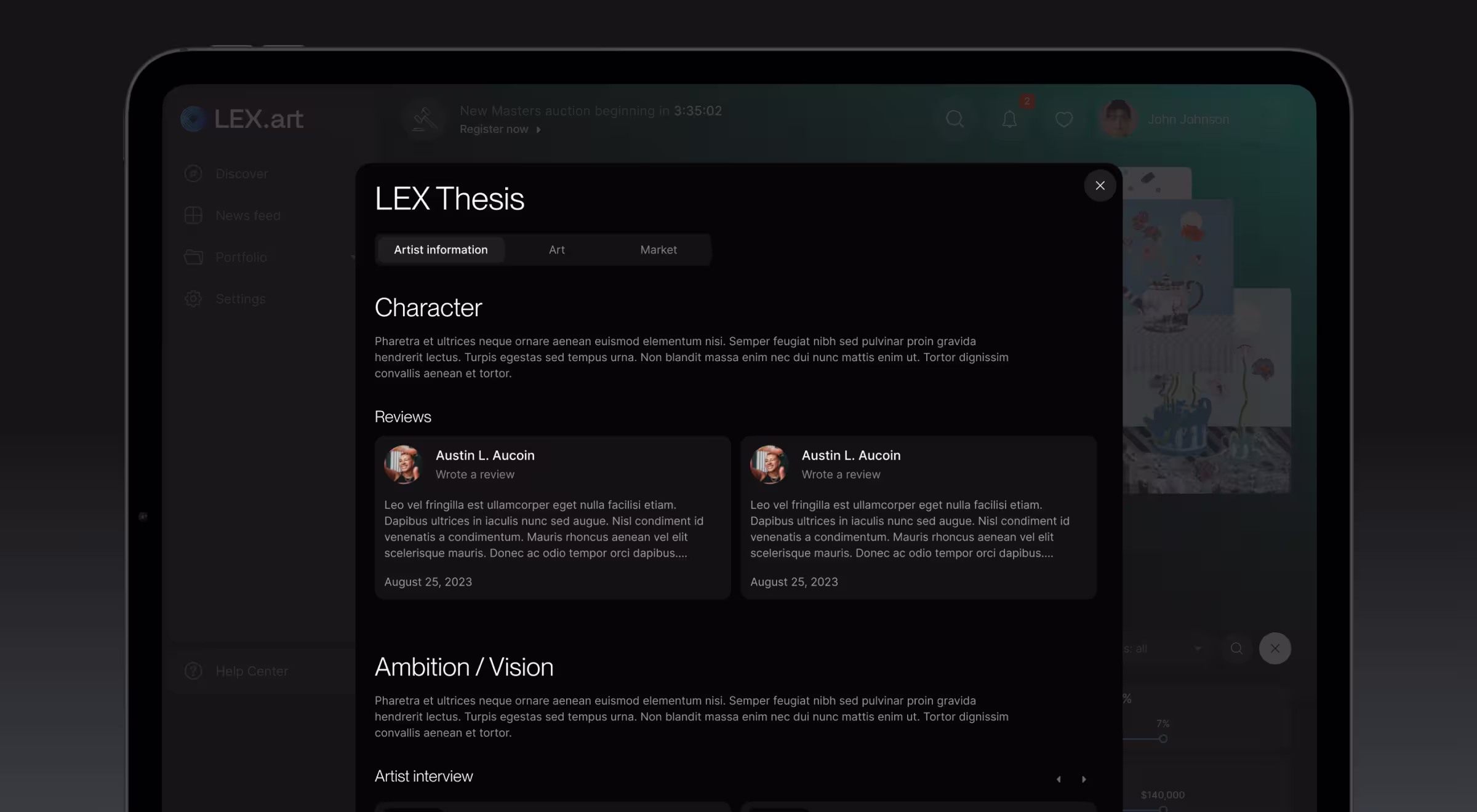 LEX Thesis screen on a tablet showing artist information, reviews, and portfolio insights in a dark UI modal