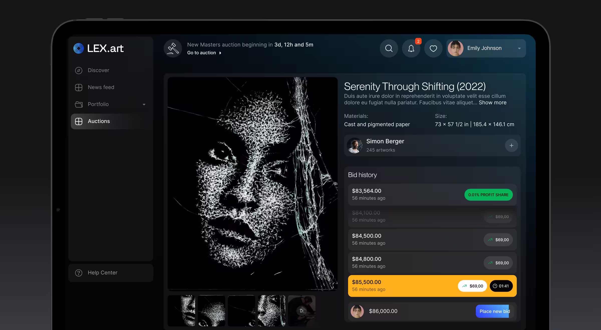 LEX Art auction interface on a tablet displaying artwork details, bid history, and live bidding options in a dark modern UI
