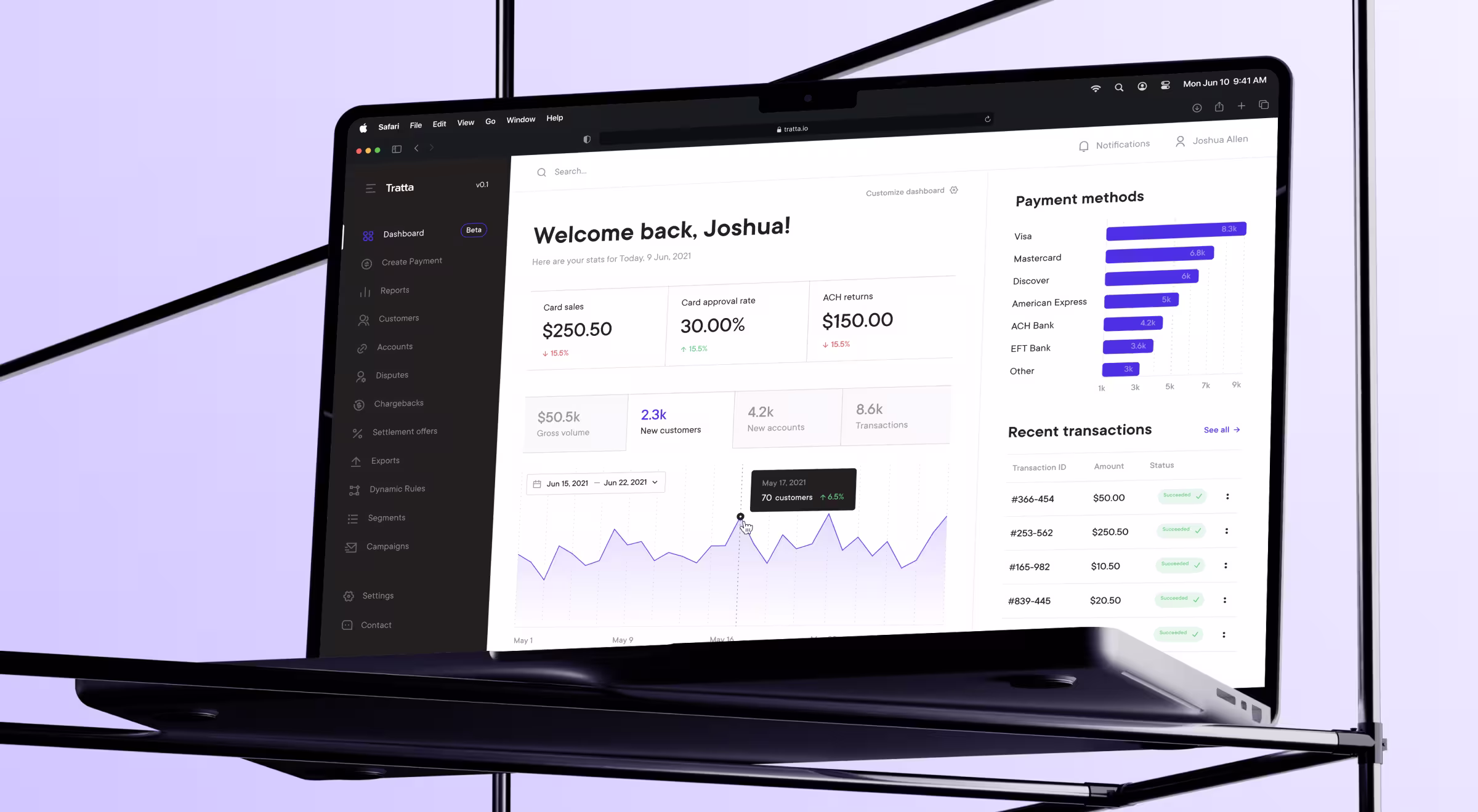 Laptop displaying Tratta’s analytics dashboard with card sales metrics, payment method charts, and recent transaction data in a clean web UI