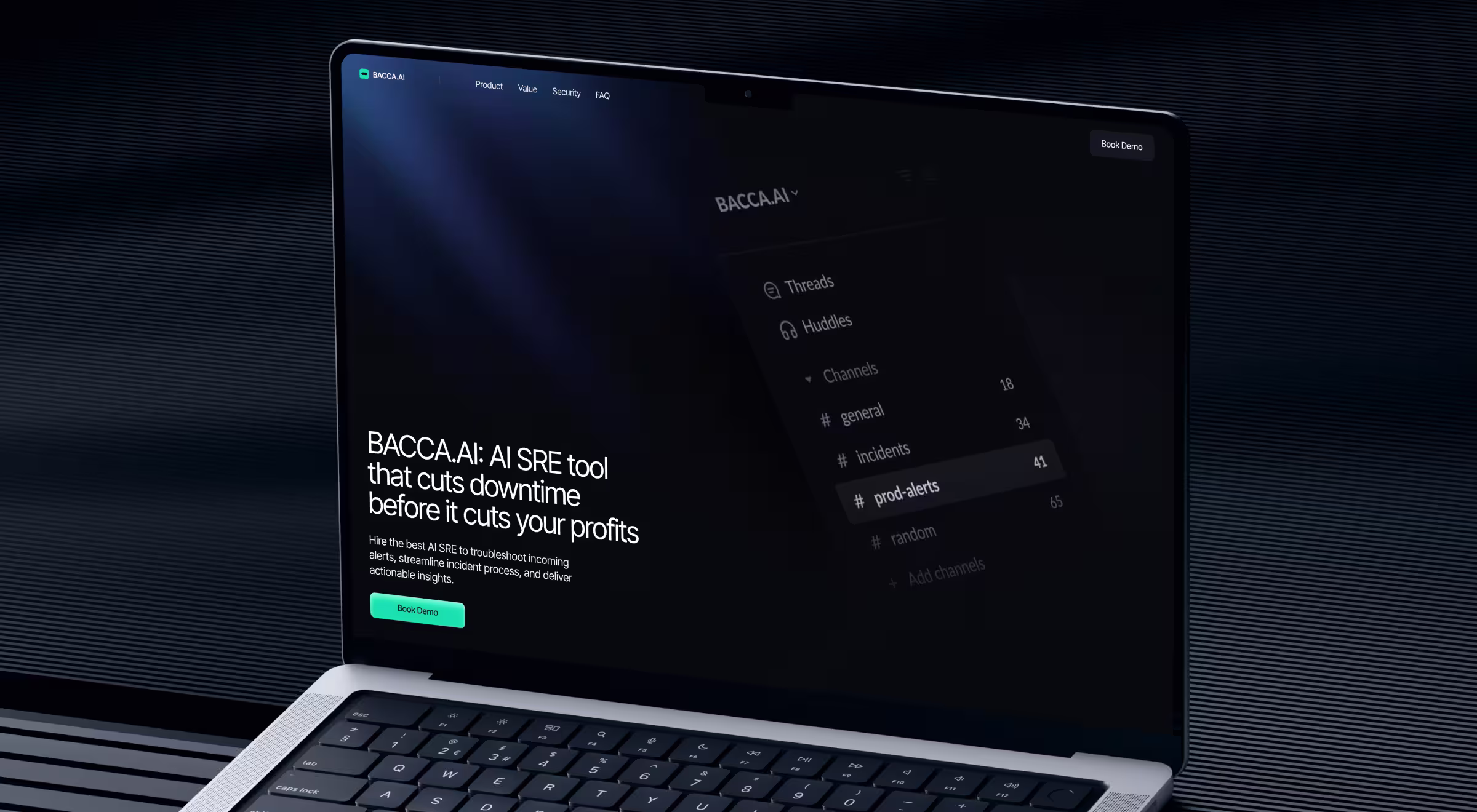 Laptop displaying BACCA.AI homepage highlighting an AI SRE tool with incident alerts and a “Book Demo” call-to-action on a dark interface