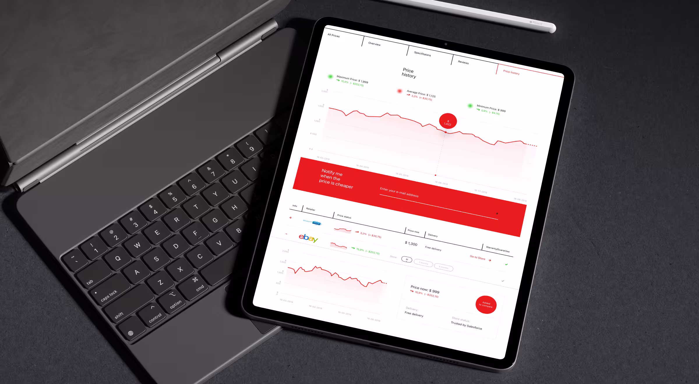 Tablet displaying a price-tracking dashboard with product price history charts, retailer comparisons, and a “notify me when cheaper” alert form