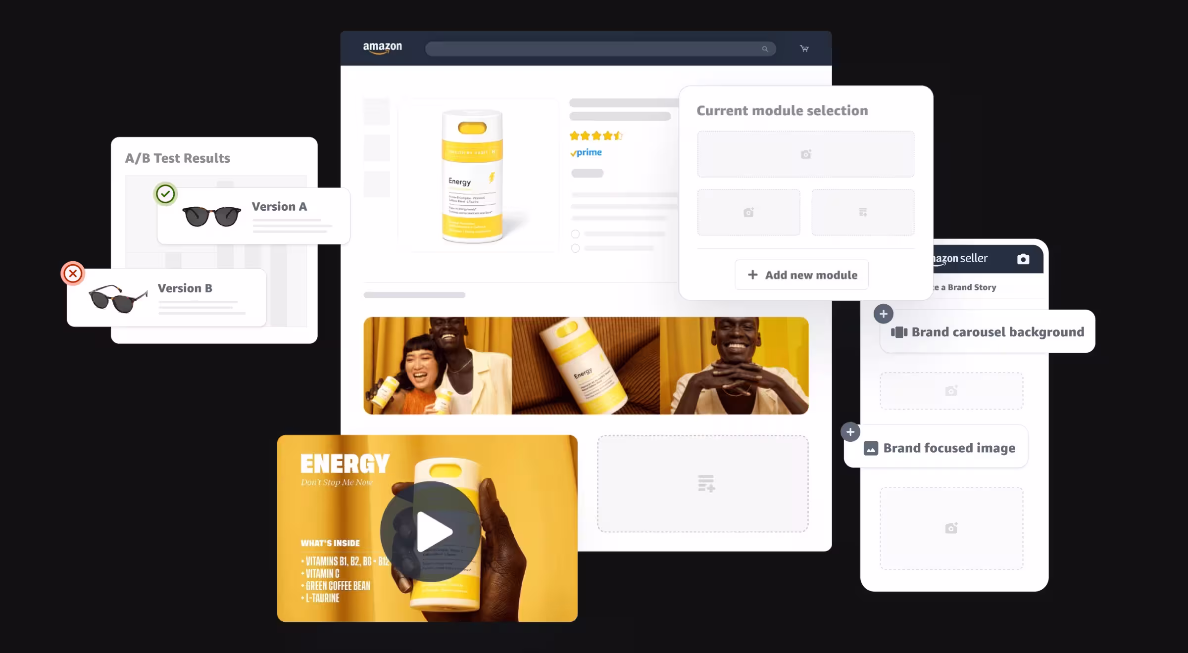Amazon product listing UI mockups showing A/B test results, brand modules, carousel images, and video content optimization for sellers