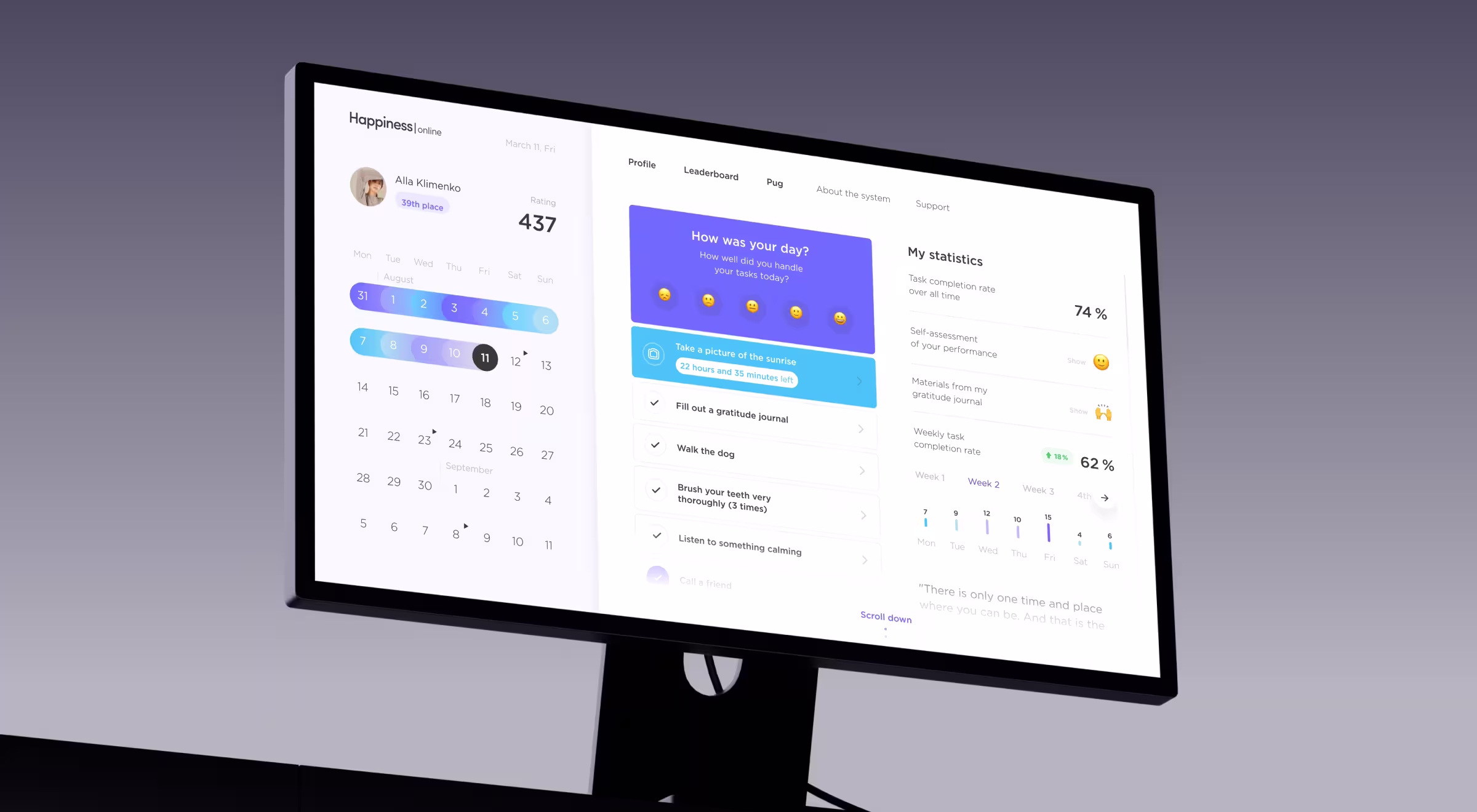 Desktop screen displaying a wellness app dashboard with a calendar, daily mood check-in, task list, and personal productivity statistics
