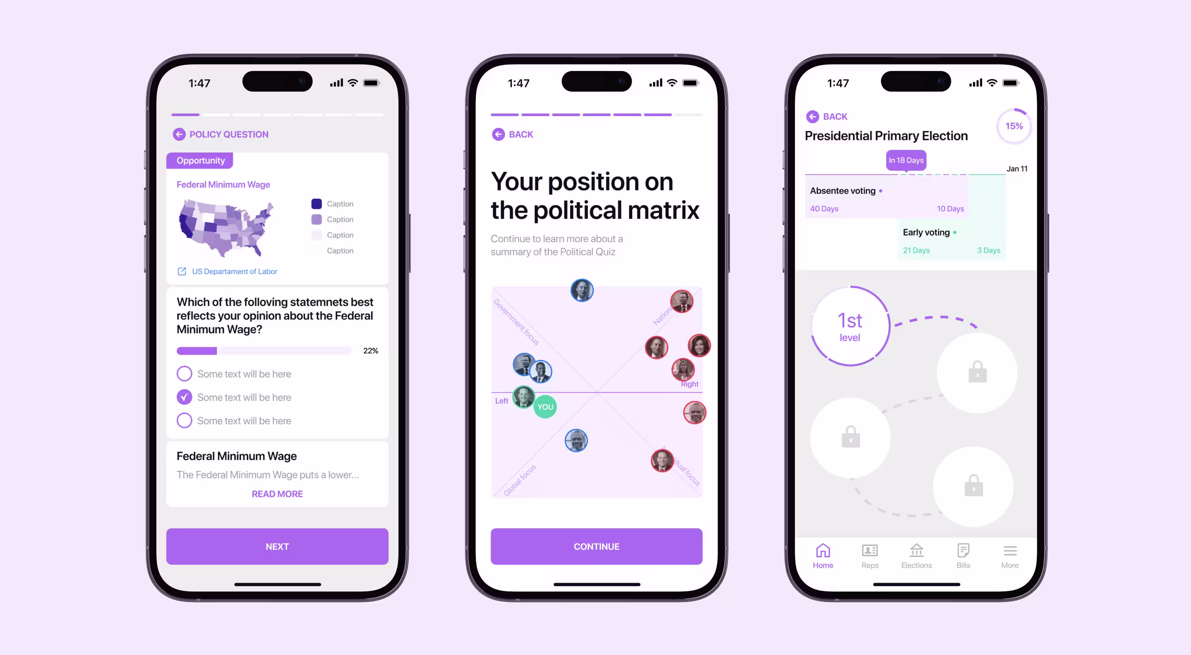 Three mobile screens from a civic engagement app showing a policy quiz question with a U.S. map, a political matrix results page, and a primary election preparation timeline with progress levels
