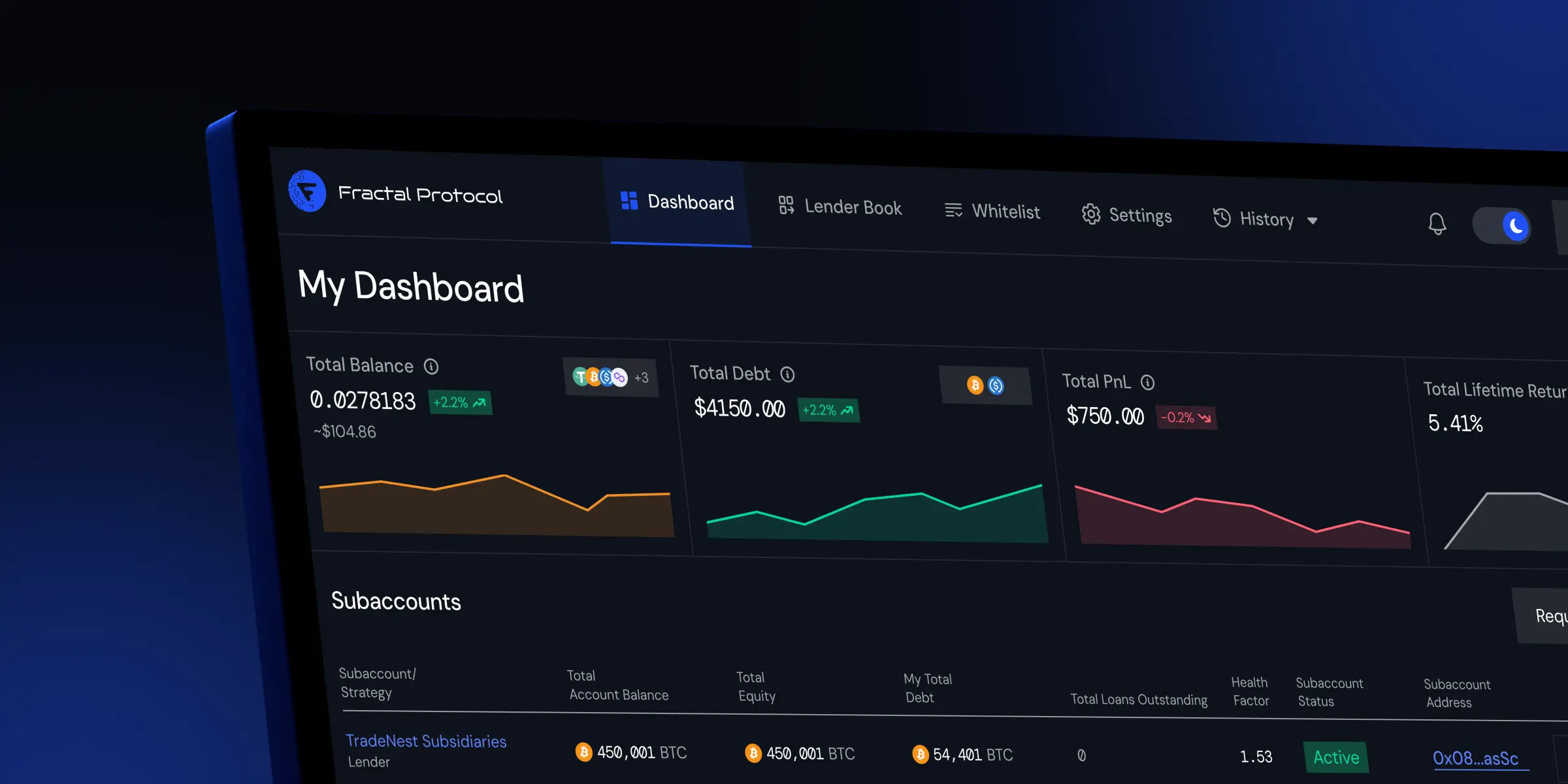 Screenshot of the Fractal Protocol dashboard displaying total balance, debt, PnL, and lifetime return metrics in a dark theme.