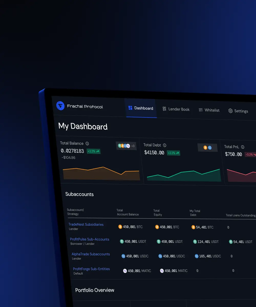 Screenshot of the Fractal Protocol dashboard displaying total balance, debt, PnL, and lifetime return metrics in a dark theme.