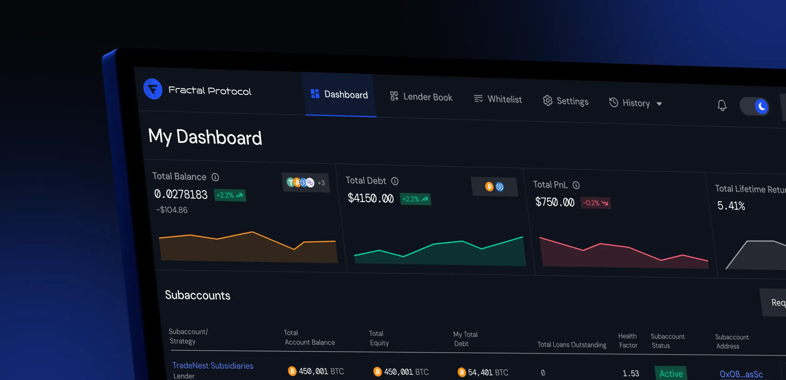 Screenshot of the Fractal Protocol dashboard displaying total balance, debt, PnL, and lifetime return metrics in a dark theme.