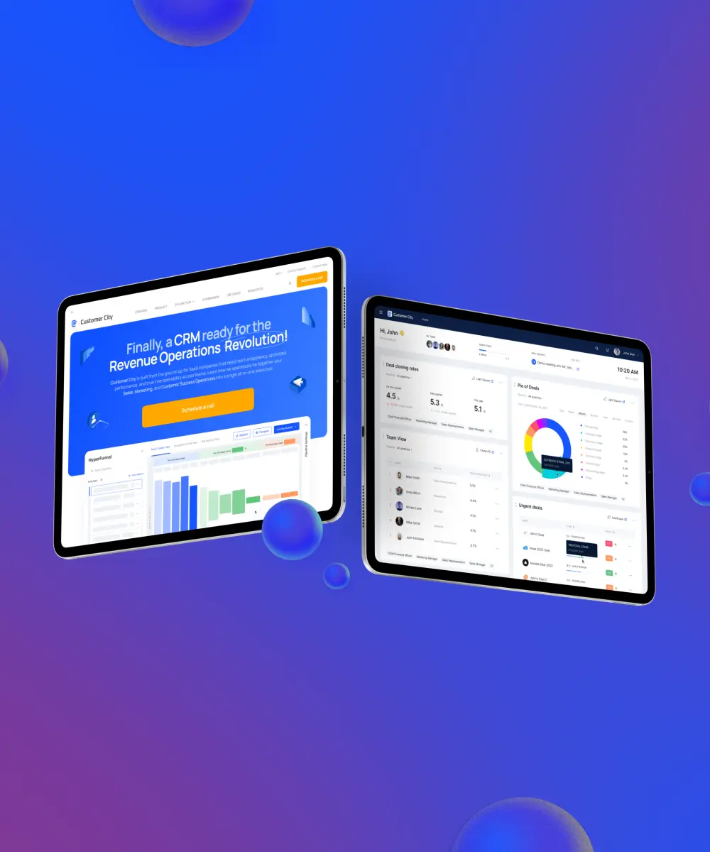 Two tablets displaying a vibrant CRM interface, showcasing sales metrics and performance charts against a blue background.