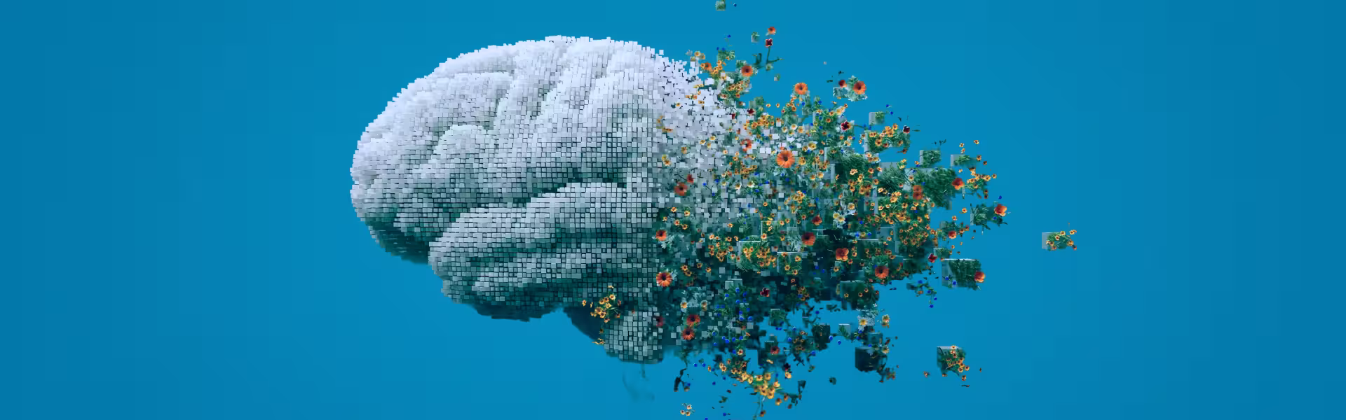 3D illustration of a human brain made of small white cubes dissolving into colorful flowers and organic fragments on a blue background, symbolizing AI, creativity, and human intelligence