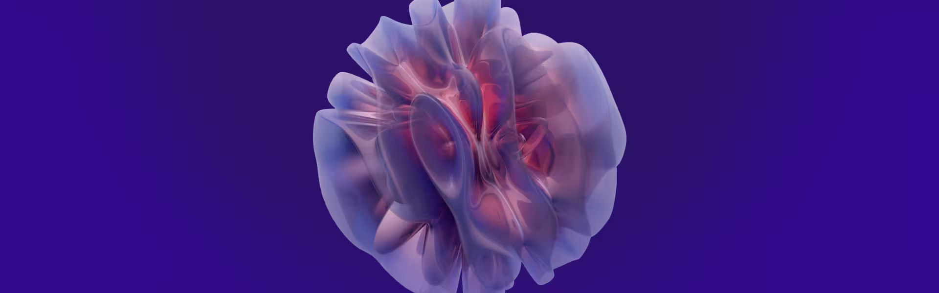Abstract 3D organic form with translucent, fluid-like layers in purple and red tones on a deep violet background