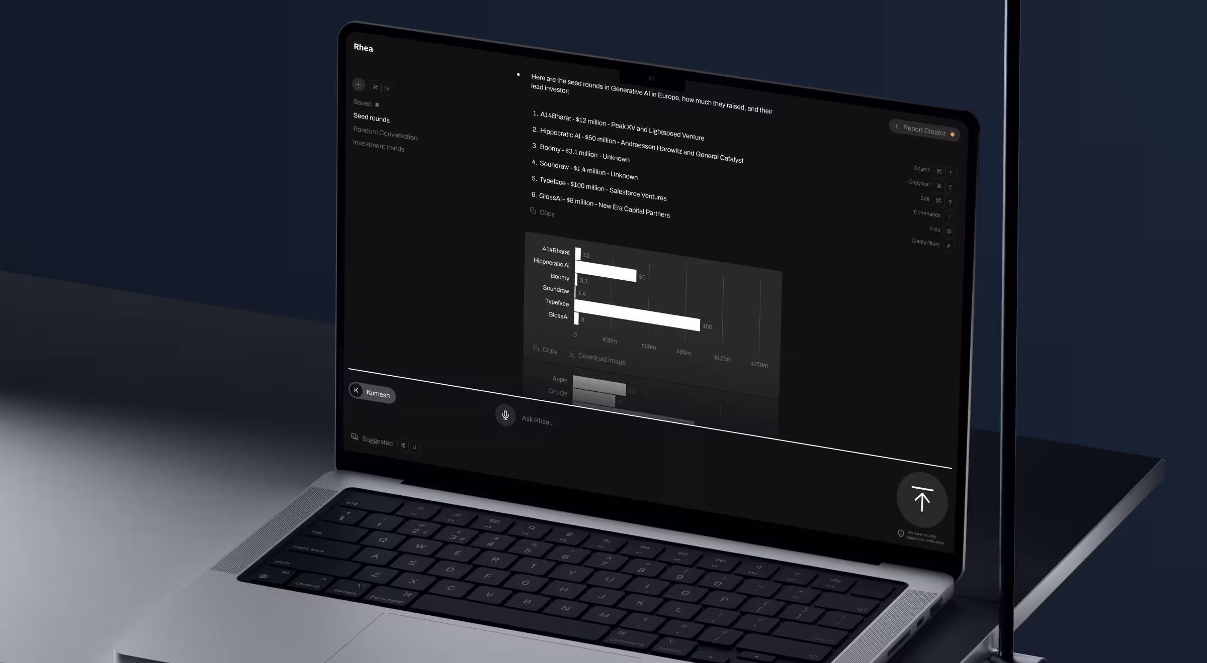 Laptop displaying a dark-mode AI research interface with a conversational prompt and an auto-generated bar chart visualizing generative AI seed funding rounds in Europe, including company names and investment amounts