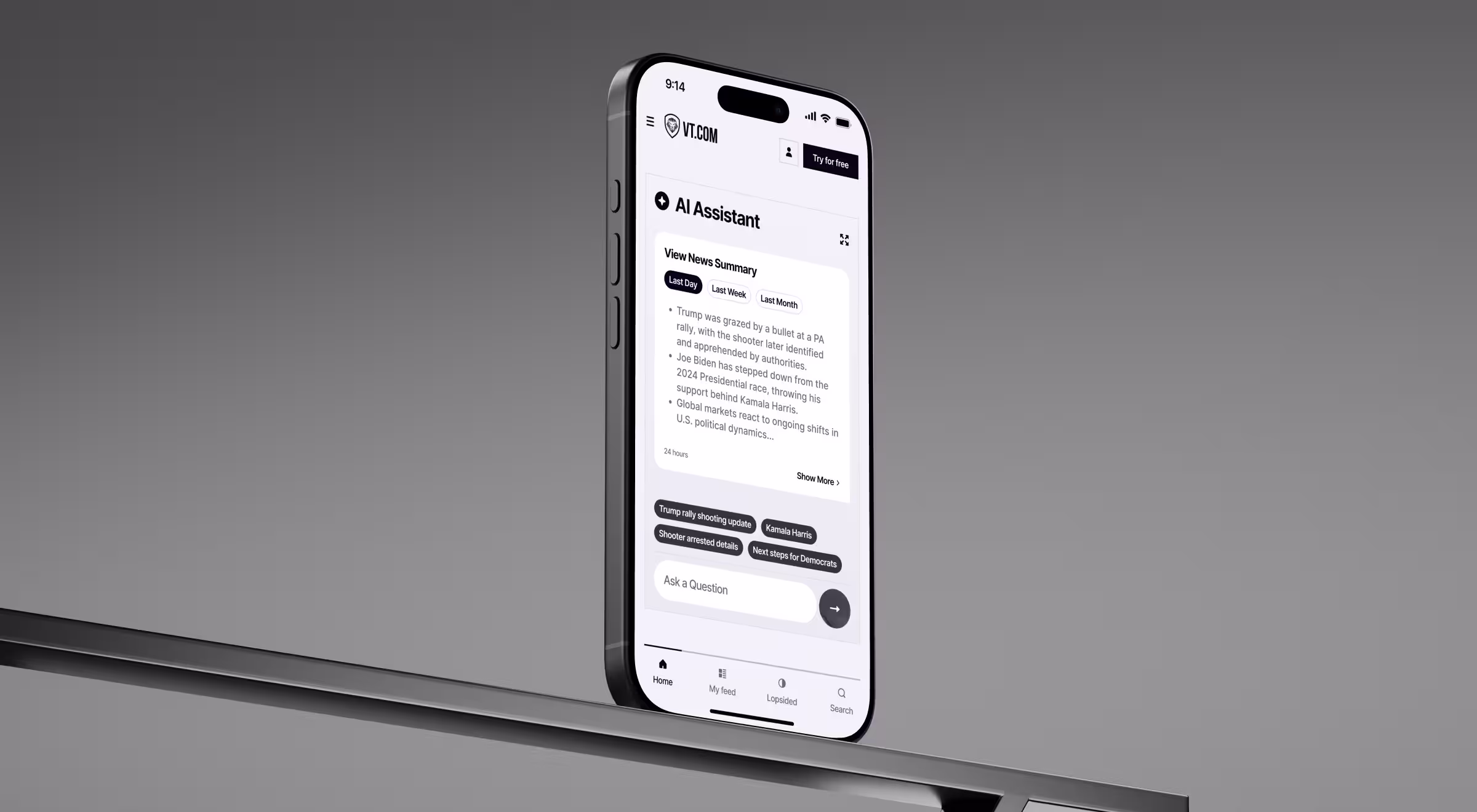 Smartphone displaying a mobile AI news assistant interface with summarized political and market updates, showing conversational AI cards, topic chips, and a clean UX-focused layout on a minimal stand