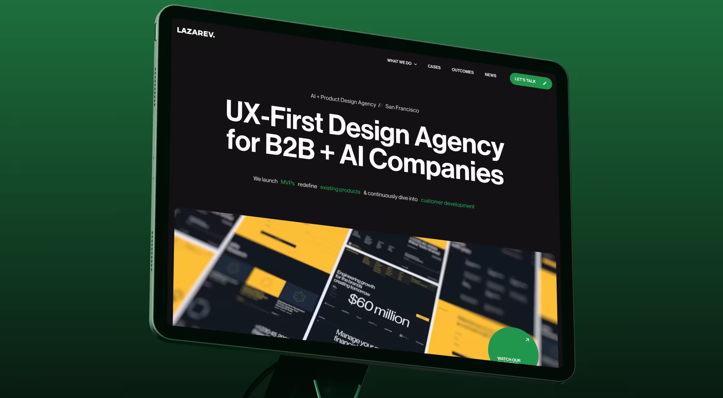 Lazarev.agency website homepage highlighting UX-first product design services for B2B and AI companies, displayed on a modern tablet interface