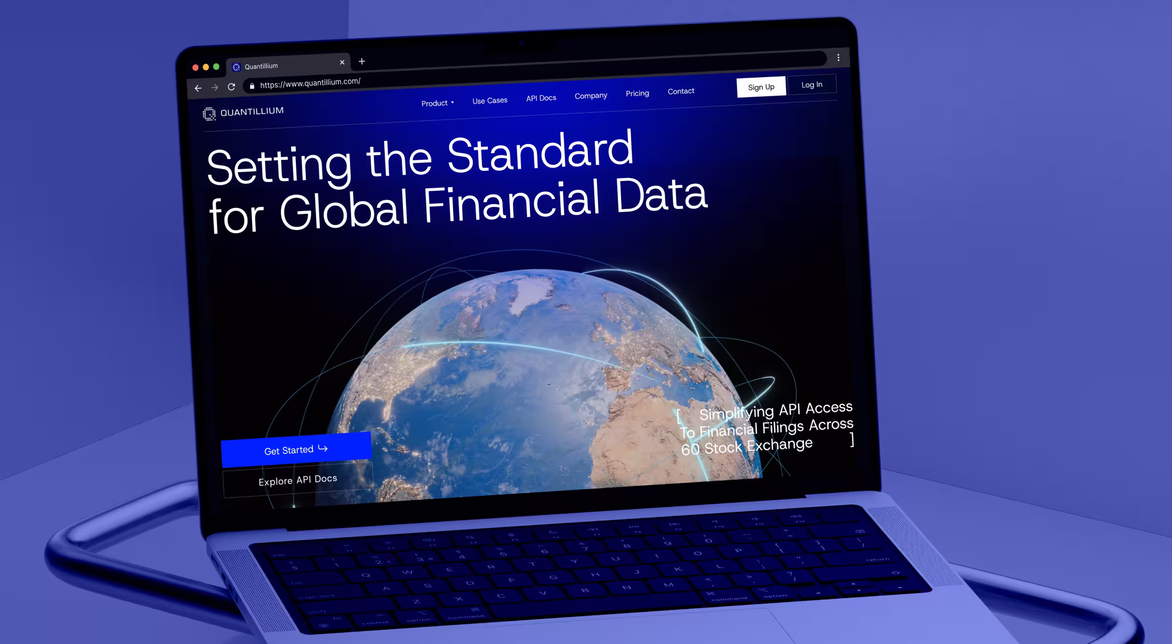 Global financial data platform website displayed on a laptop, showing API-driven analytics and worldwide data coverage designed for fintech and enterprise products