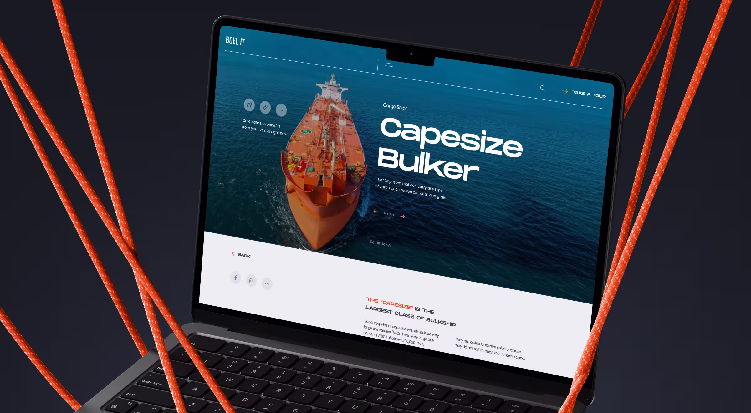Maritime logistics web platform interface featuring a capesize bulker cargo ship, showcasing digital product design for shipping and supply chain management