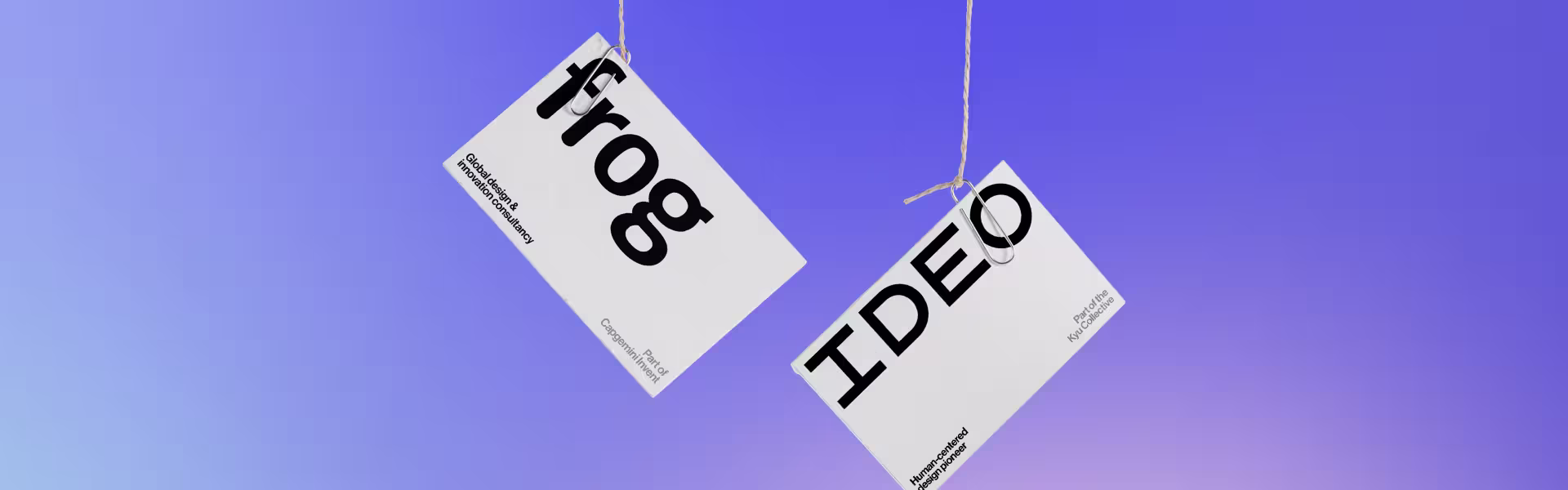 Two metallic cards suspended on strings with large black text "Frog" and "IDEO" on a blue gradient background, representing product design agency identity and design consultancy messaging