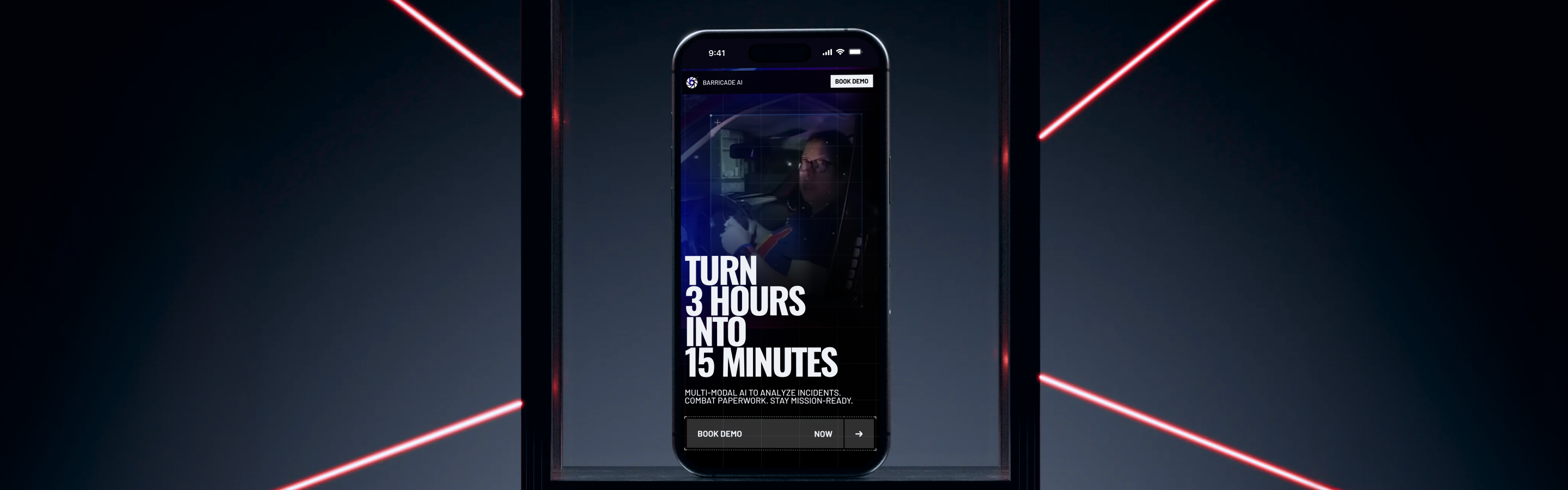 A smartphone displays a bold text ad promoting AI technology to reduce time spent on paperwork from 3 hours to 15 minutes.