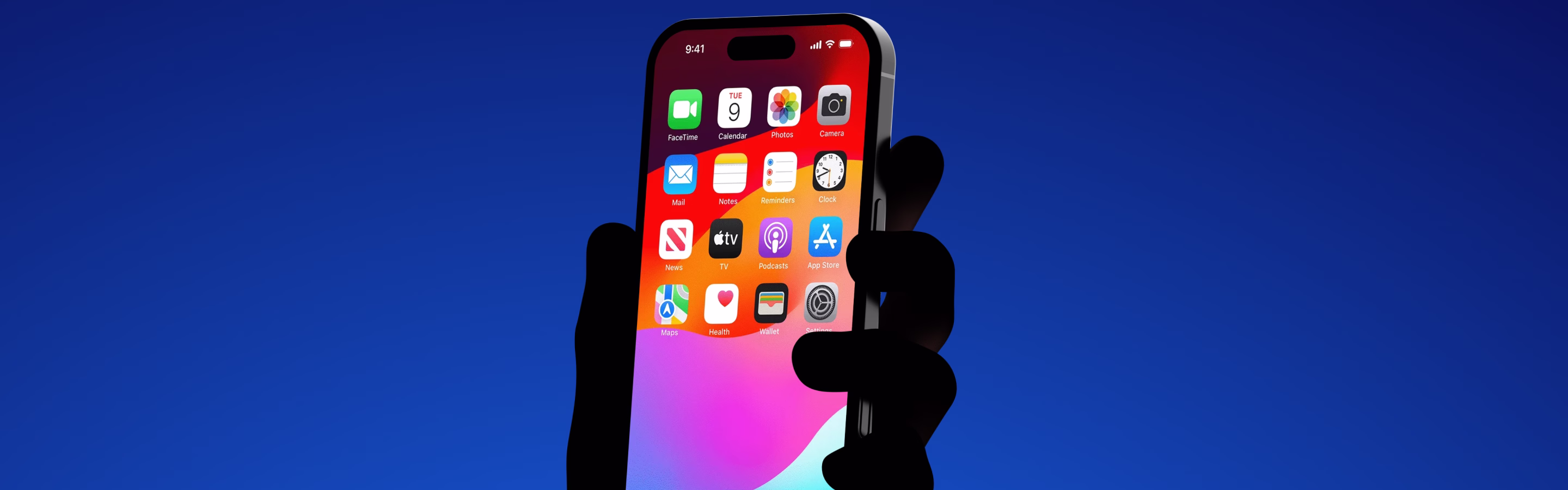 A hand holds a smartphone displaying various app icons, against a gradient blue background. The time shows 9:41.