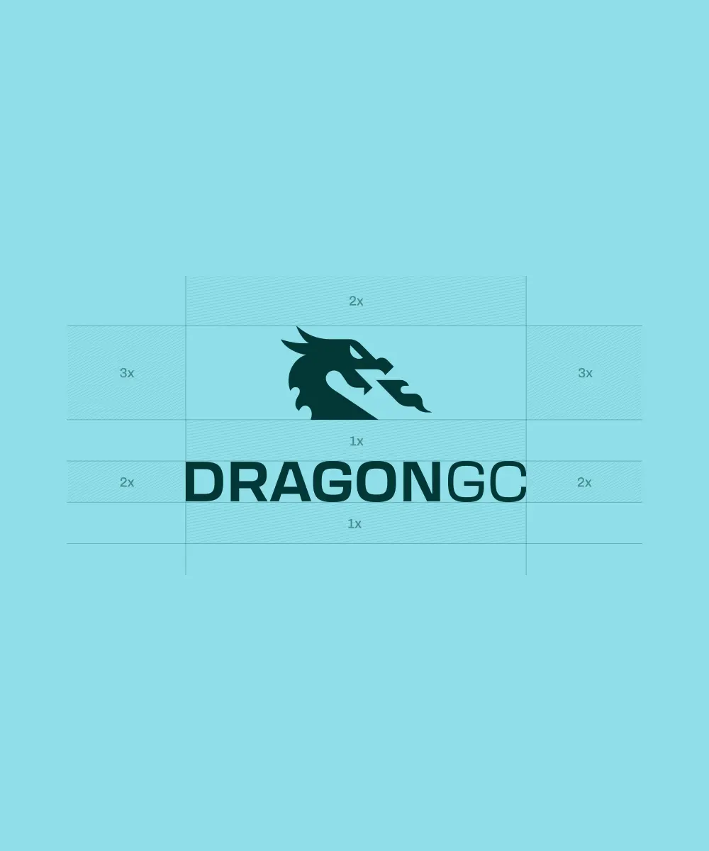 Logo design featuring a stylized dragon head above the text "DRAGONGC," set against a light blue background.