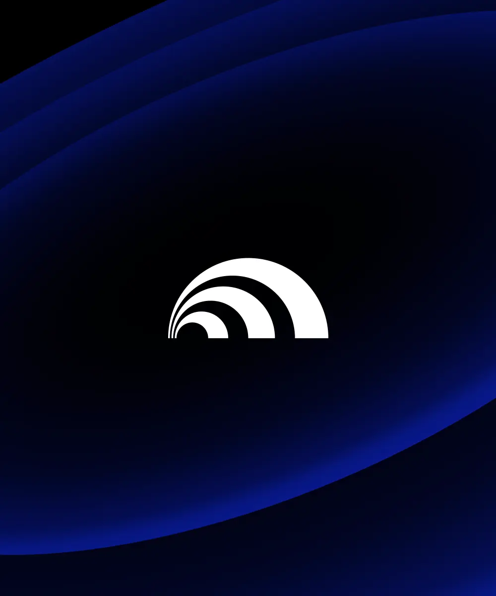 A minimalist design featuring a white, arching logo centered against a deep blue and black gradient background.